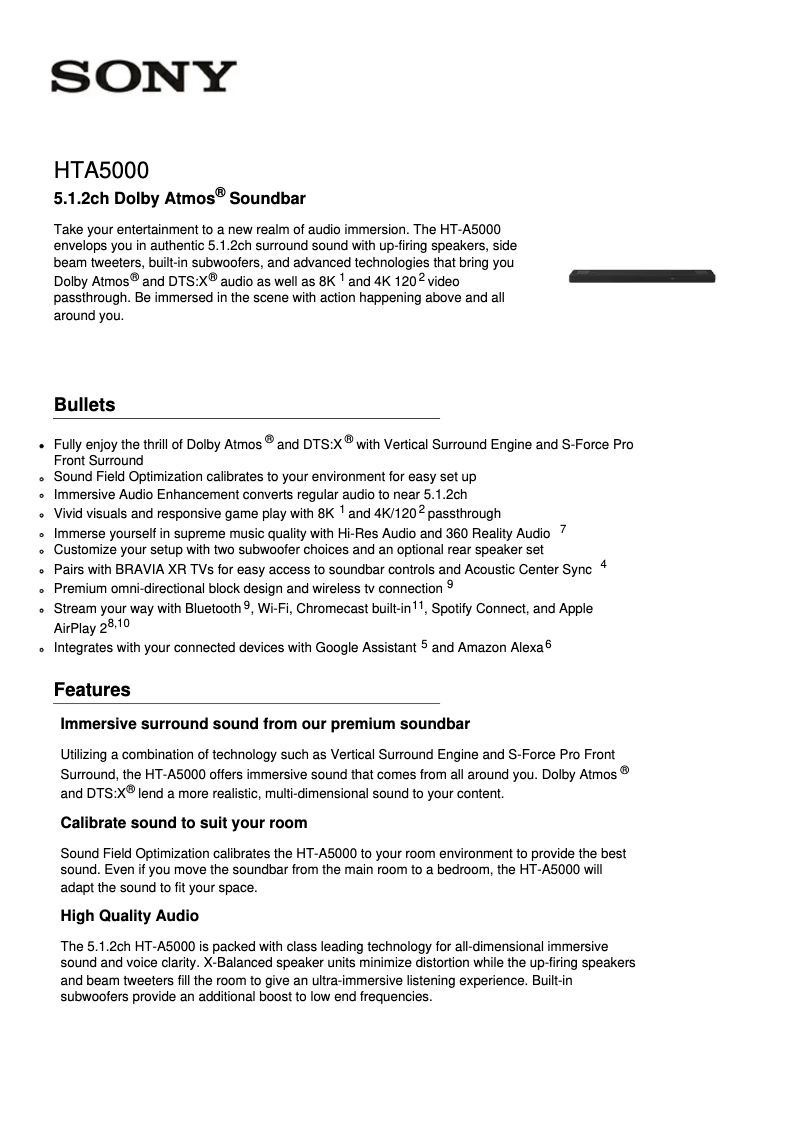 Page 1 de la notice Fiche technique Sony HT-A5000