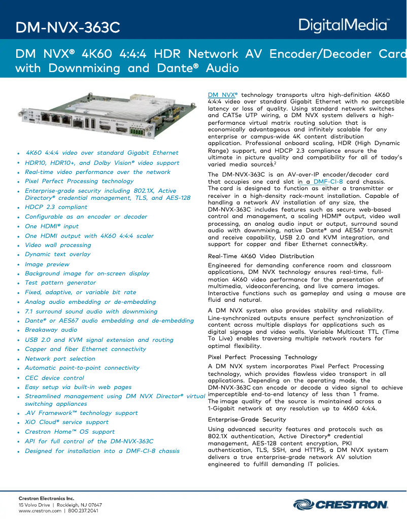 Page 1 de la notice Fiche technique Crestron DM-NVX-363C