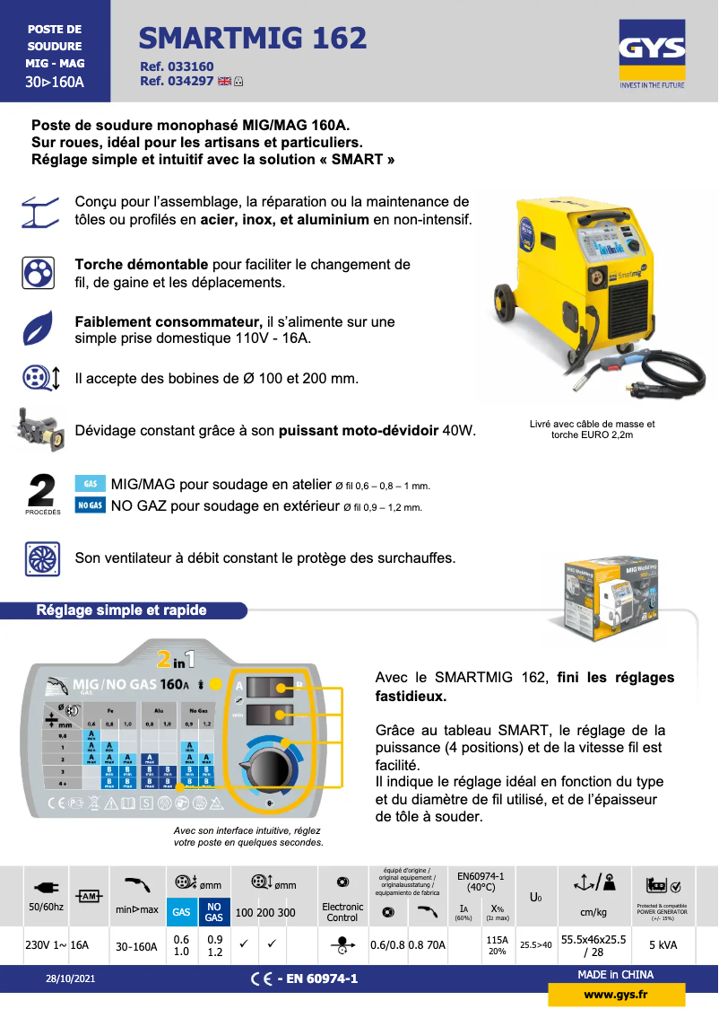 Page 1 de la notice Fiche technique GYS Smartmig 162