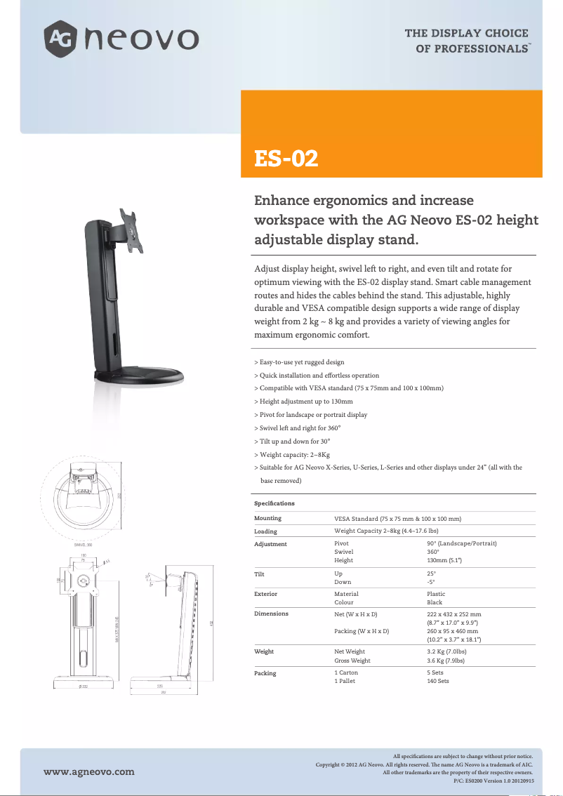 Page 1 of the manual Technical Sheet AG Neovo ES-02