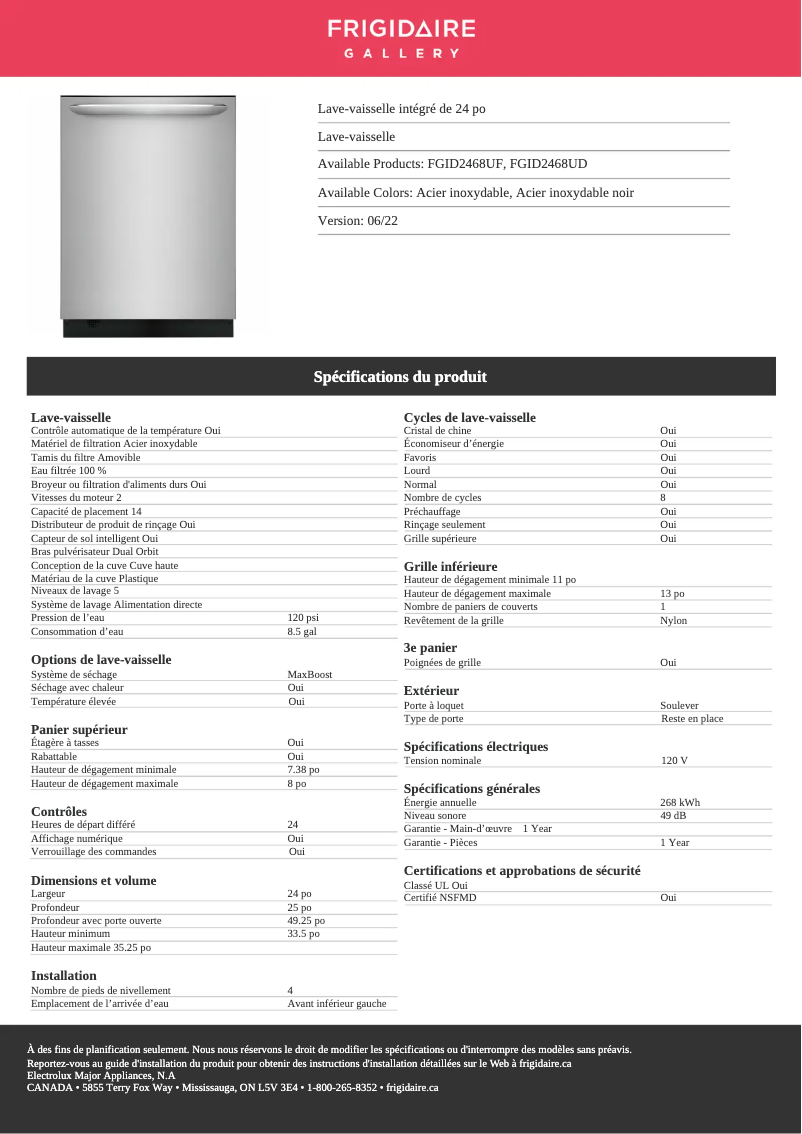 Page n°1 - Fiche technique Frigidaire FGID2468UD