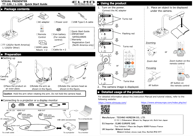 Page n°1 - Guide de démarrage rapide Elmo TT-12G