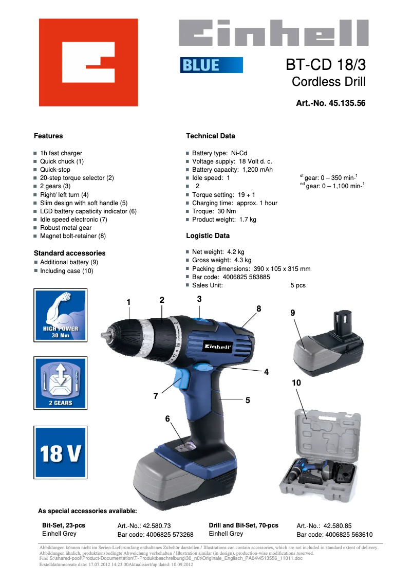 Page n°1 - Fiche technique Einhell BT-CD 18/3