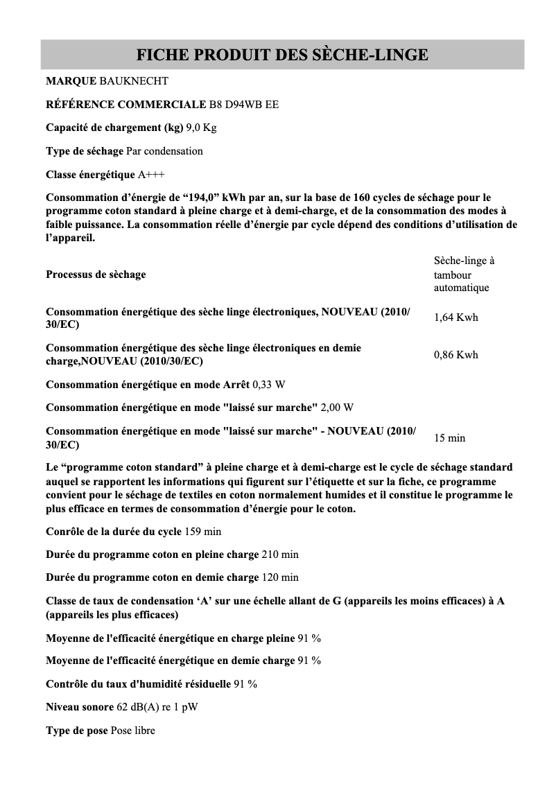 Page 1 de la notice Fiche technique Bauknecht B8 D94WB EE