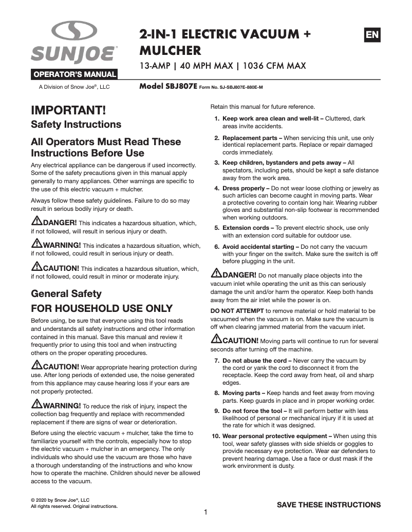 Page 1 de la notice Manuel utilisateur Sun Joe SBJ807E