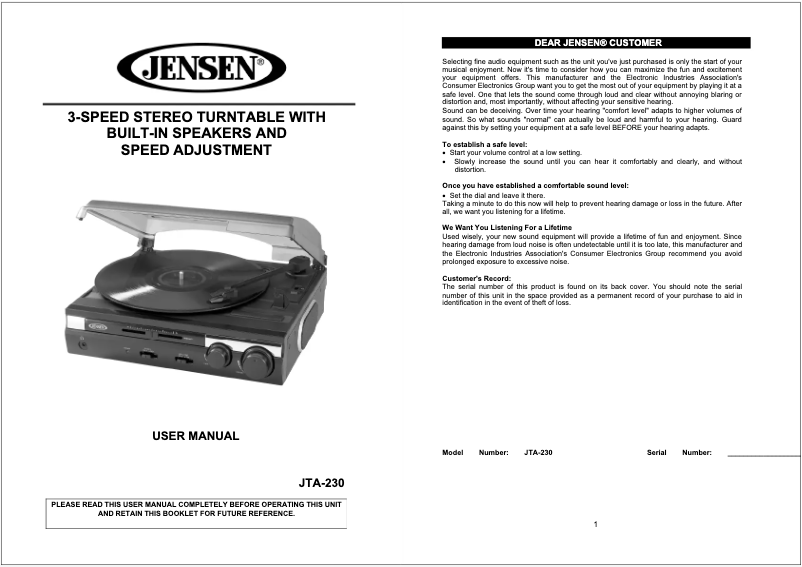 Page n°1 - Manuel utilisateur Jensen JTA-230