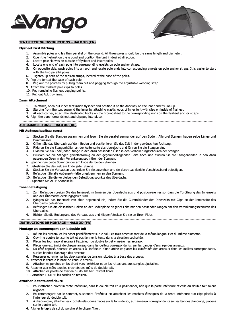 Page 1 de la notice Manuel utilisateur Vango Halo XD 300