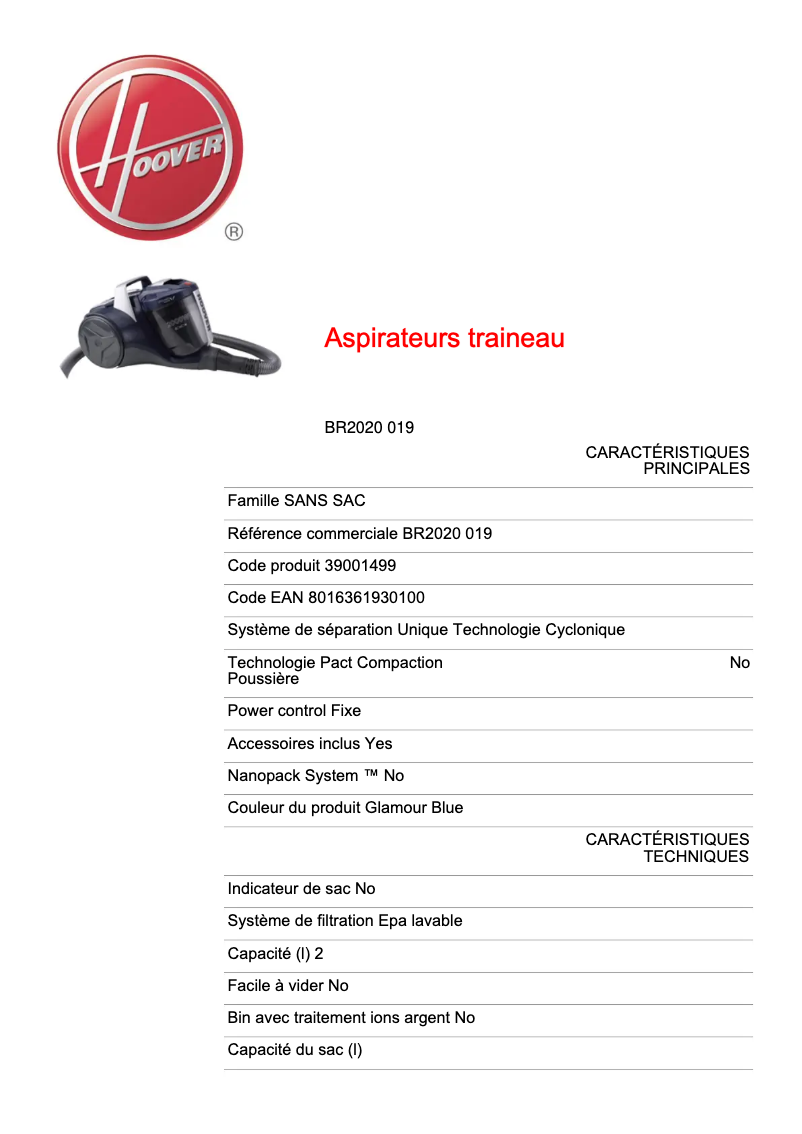 Page 1 de la notice Fiche technique Hoover BR2020 019