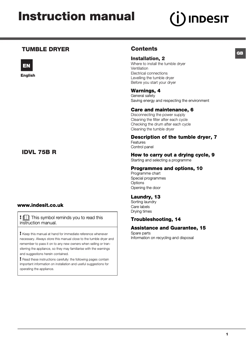 Página 1 del manual Manual de instrucciones Indesit IDVL 75 B R (UK)