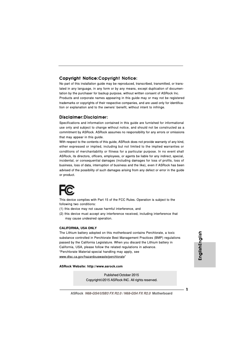 Page n°1 - Manuel utilisateur Asrock N68-GS4/USB3 FX R2.0