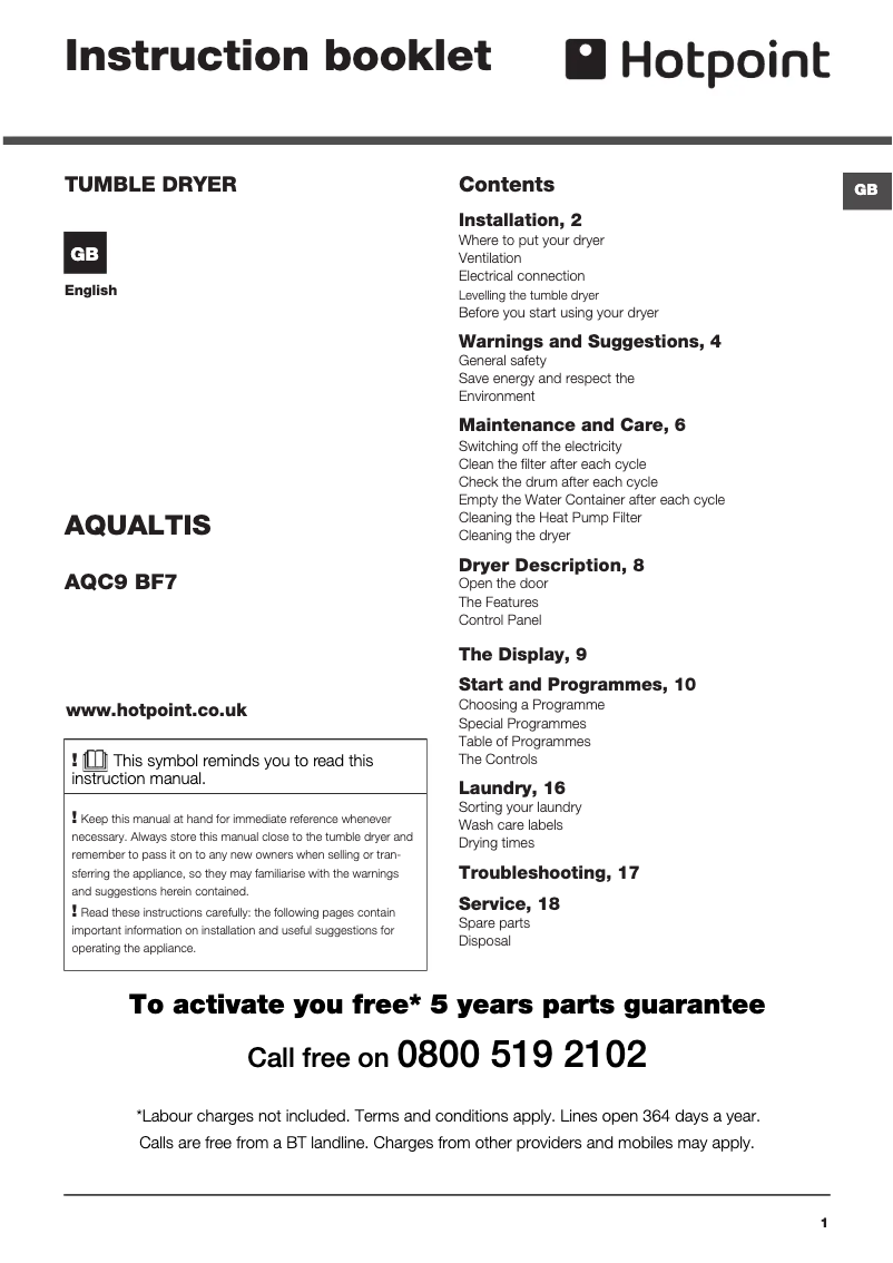 Página 1 del manual Manual de usuario Hotpoint AQC9 BF7 E1 (UK)