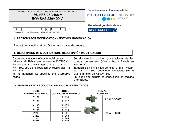 Page 1 de la notice Fiche technique AstralPool ARAL C 1500