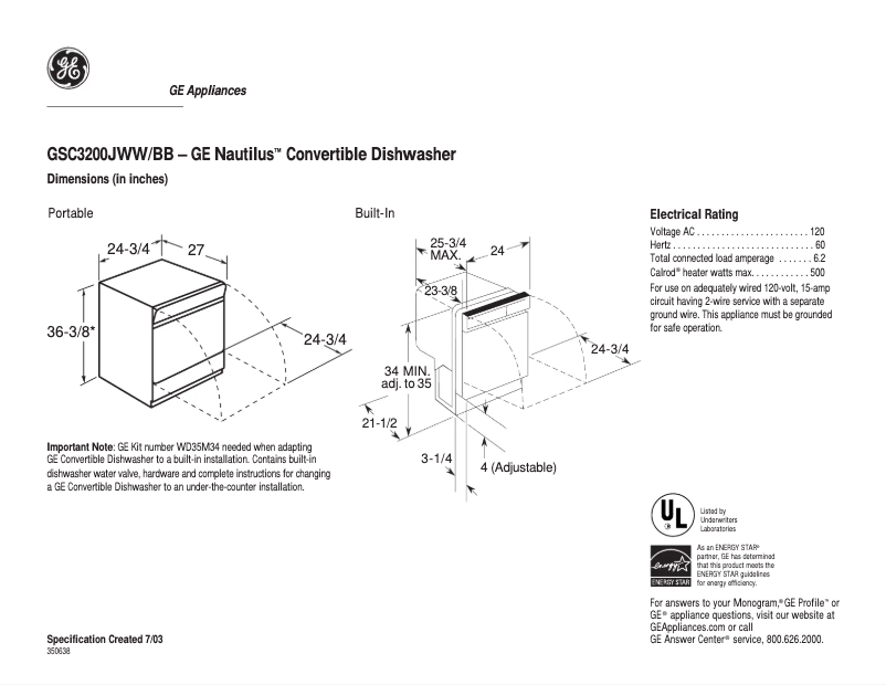 Page 1 de la notice Fiche technique GE GSC3200JWW