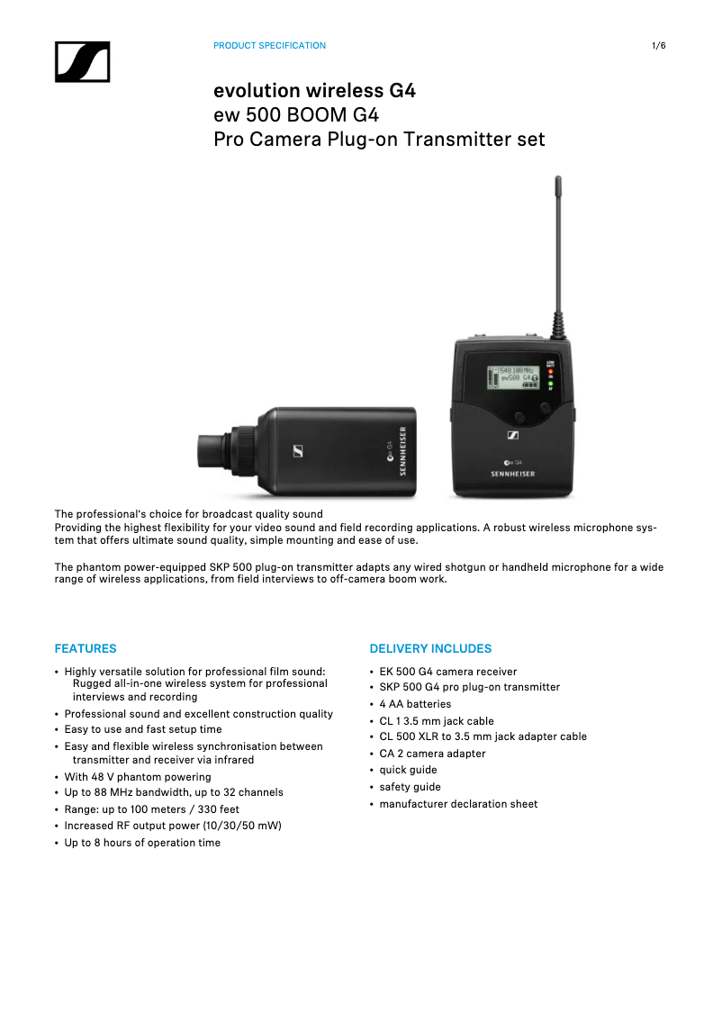 Page n°1 - Fiche technique Sennheiser EW 500 BOOM G4