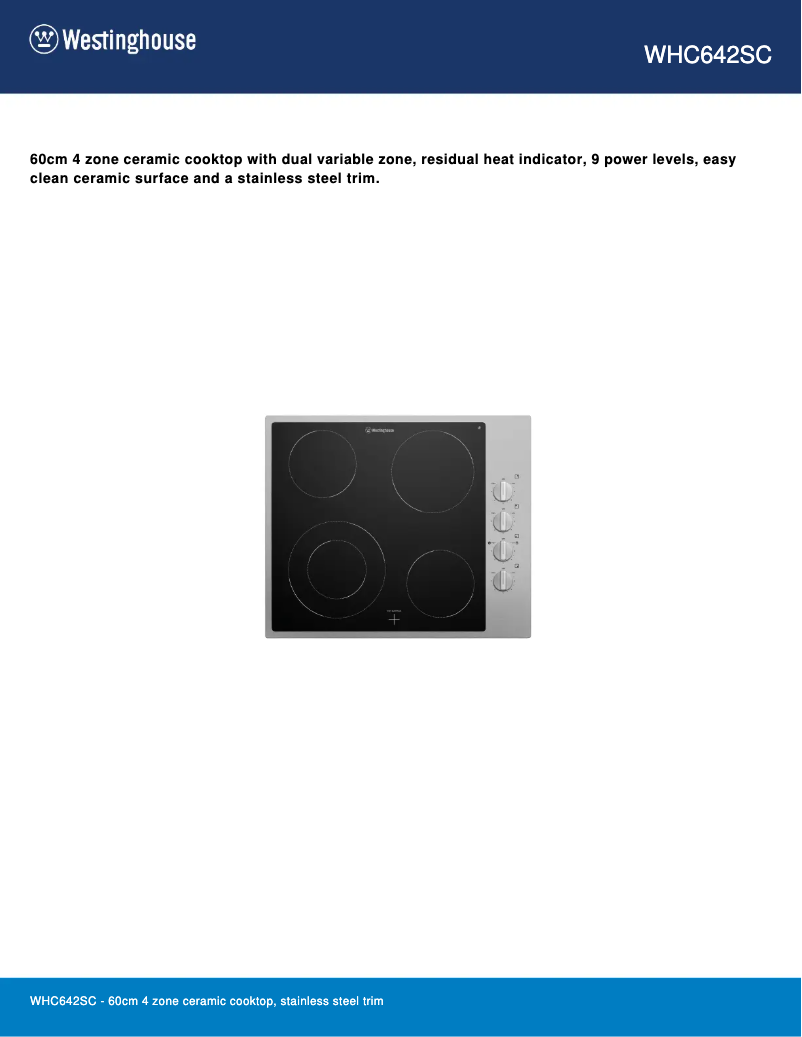 Page 1 de la notice Fiche technique Westinghouse WHC642SC