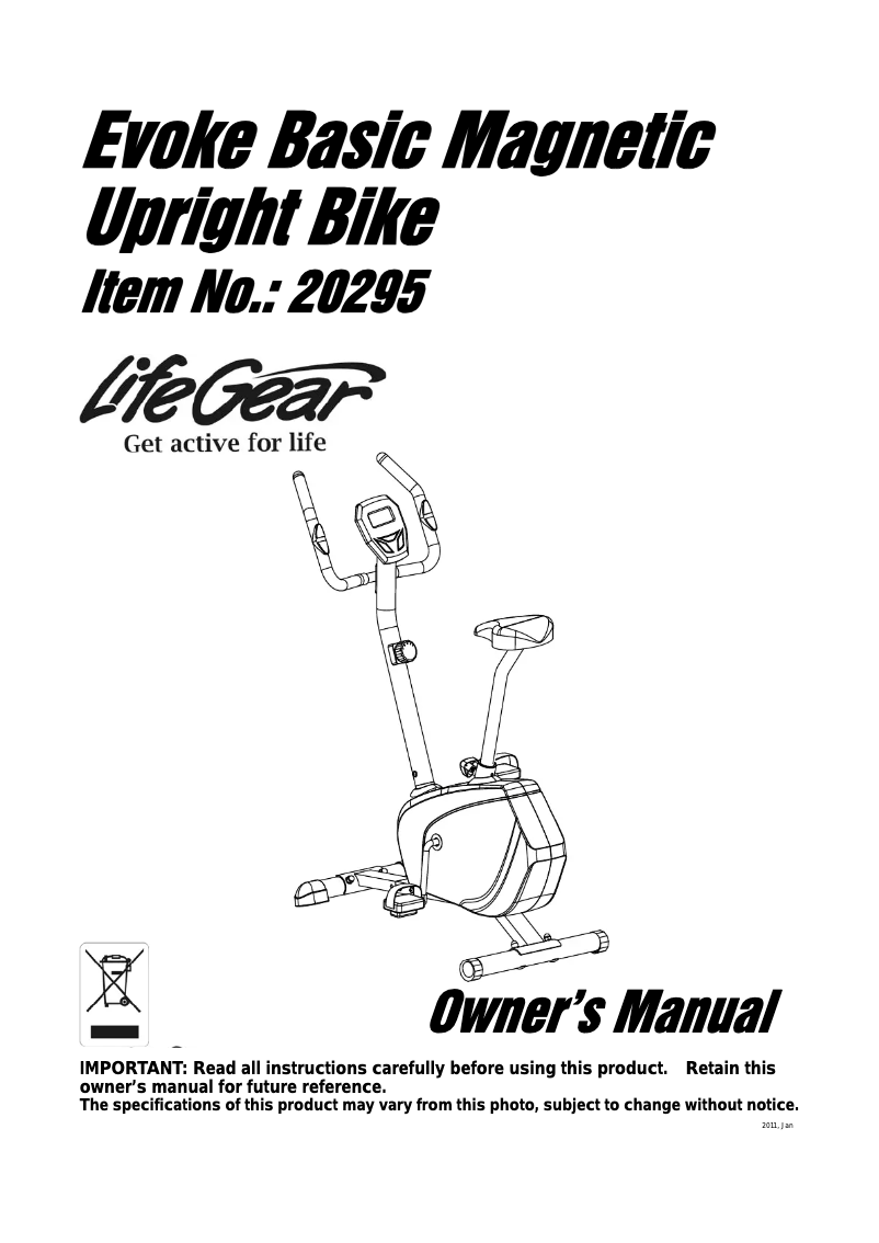 Page 1 de la notice Manuel utilisateur Life Gear Evoke Basic Magnetic Upright Bike 20295
