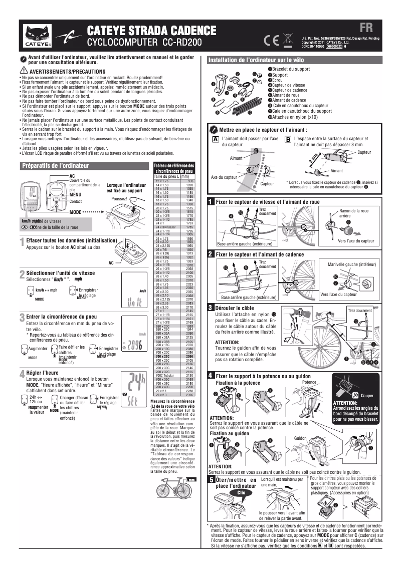 Page 1 de la notice Manuel utilisateur Cateye CC-RD200 Strada Cadence