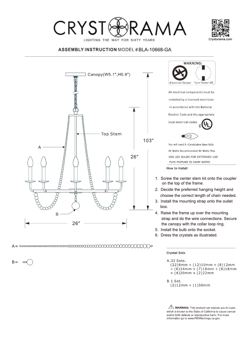 Page 1 de la notice Manuel utilisateur Crystorama Bella BLA-10668-GA