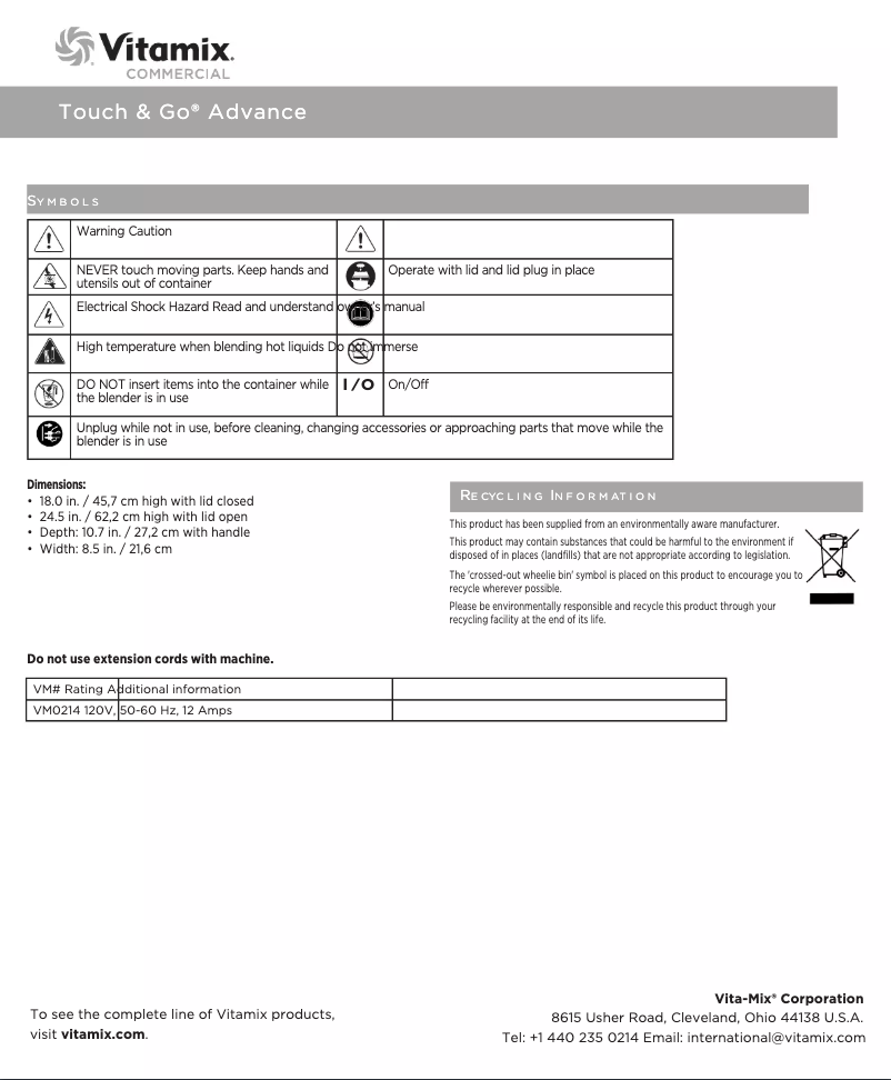Page 1 de la notice Manuel utilisateur Vitamix Touch & Go Advance