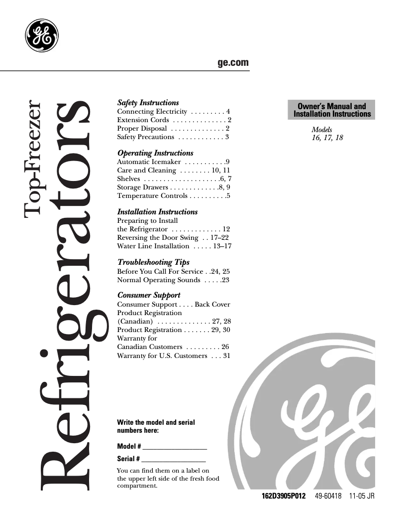 Page 1 de la notice Manuel d'utilisation et d'entretien GE GTR18ABMWW