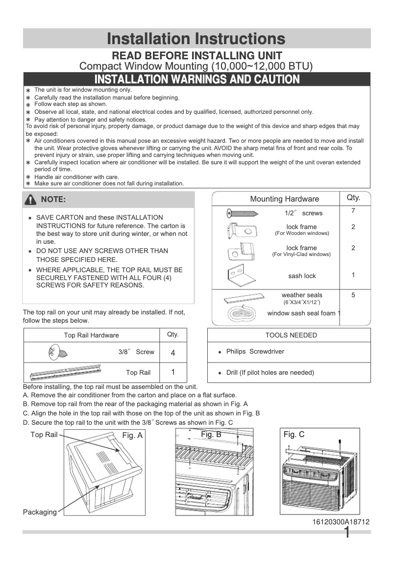 Page n°1 - Guide d'installation Frigidaire FHWW102WCE
