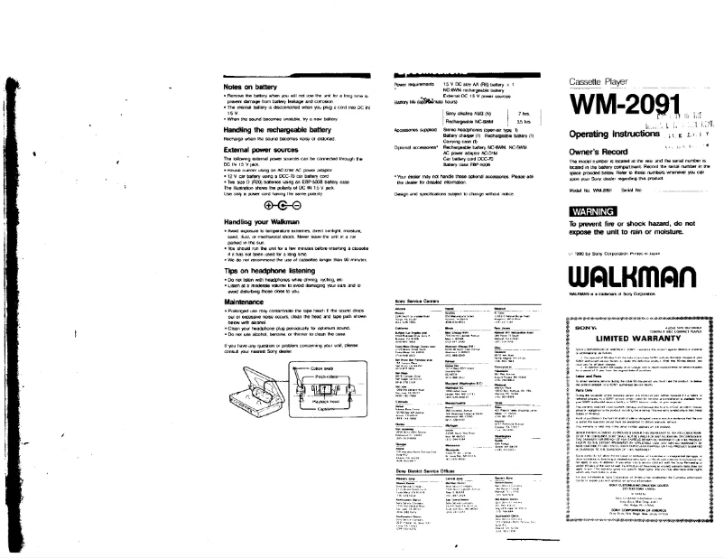 Page 1 de la notice Manuel utilisateur Sony Walkman WM-2091