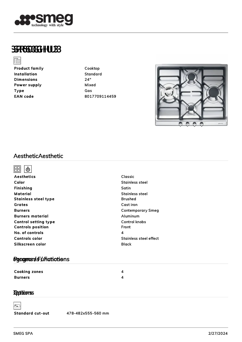 Page n°1 - Fiche technique Smeg SR60GHU3