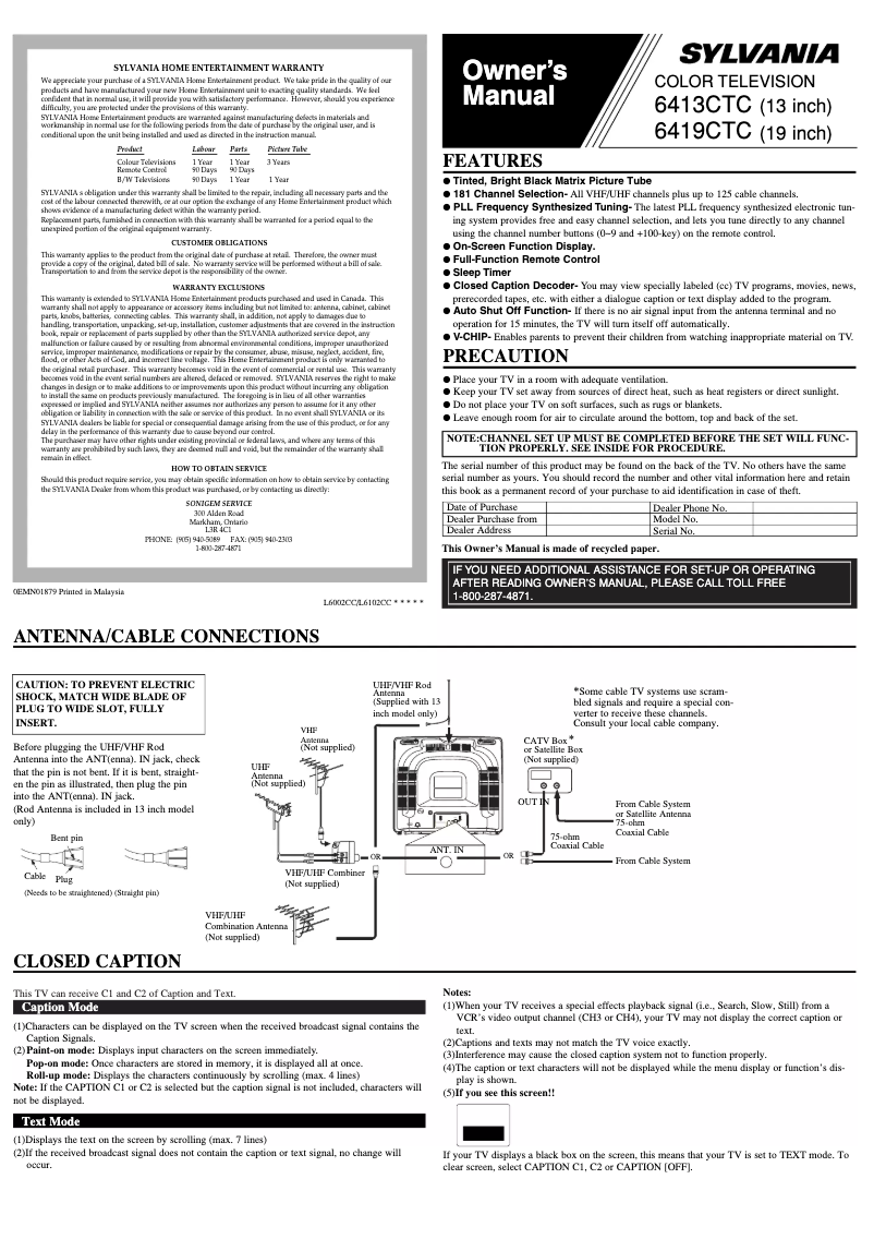 Page 1 de la notice Manuel utilisateur Sylvania 6413CTC