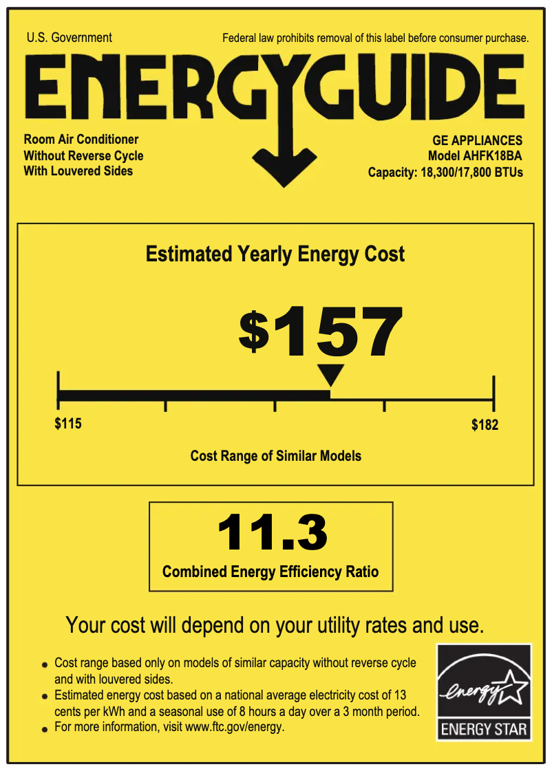Page 1 de la notice Label énergétique GE AHFK18BA