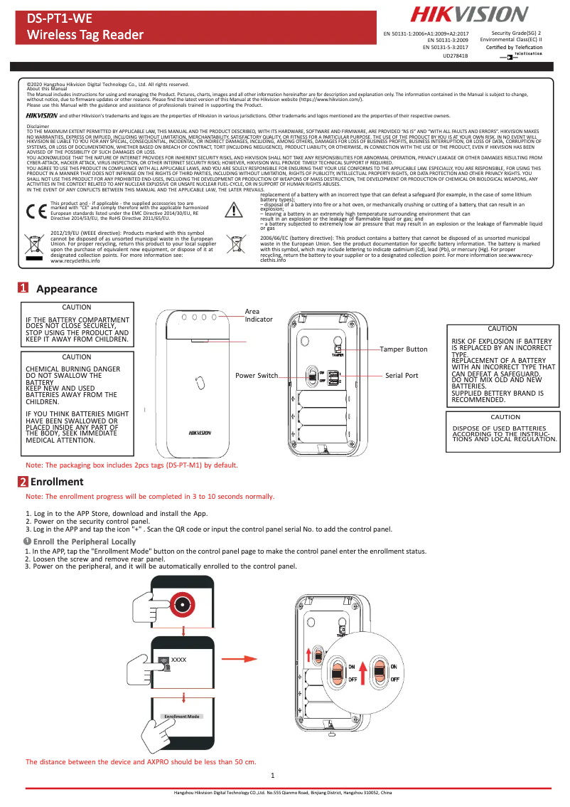 Page 1 de la notice Manuel utilisateur Hikvision DS-PT1-WB