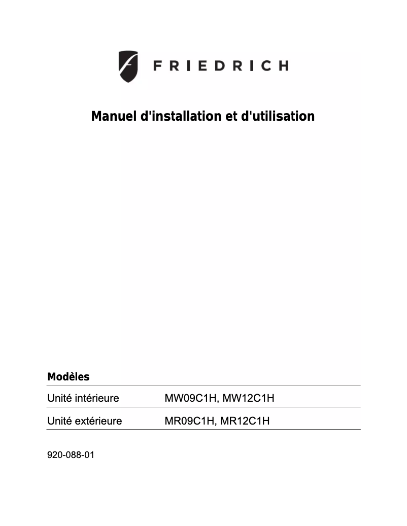Page n°1 - Manuel utilisateur Friedrich MW09C1H