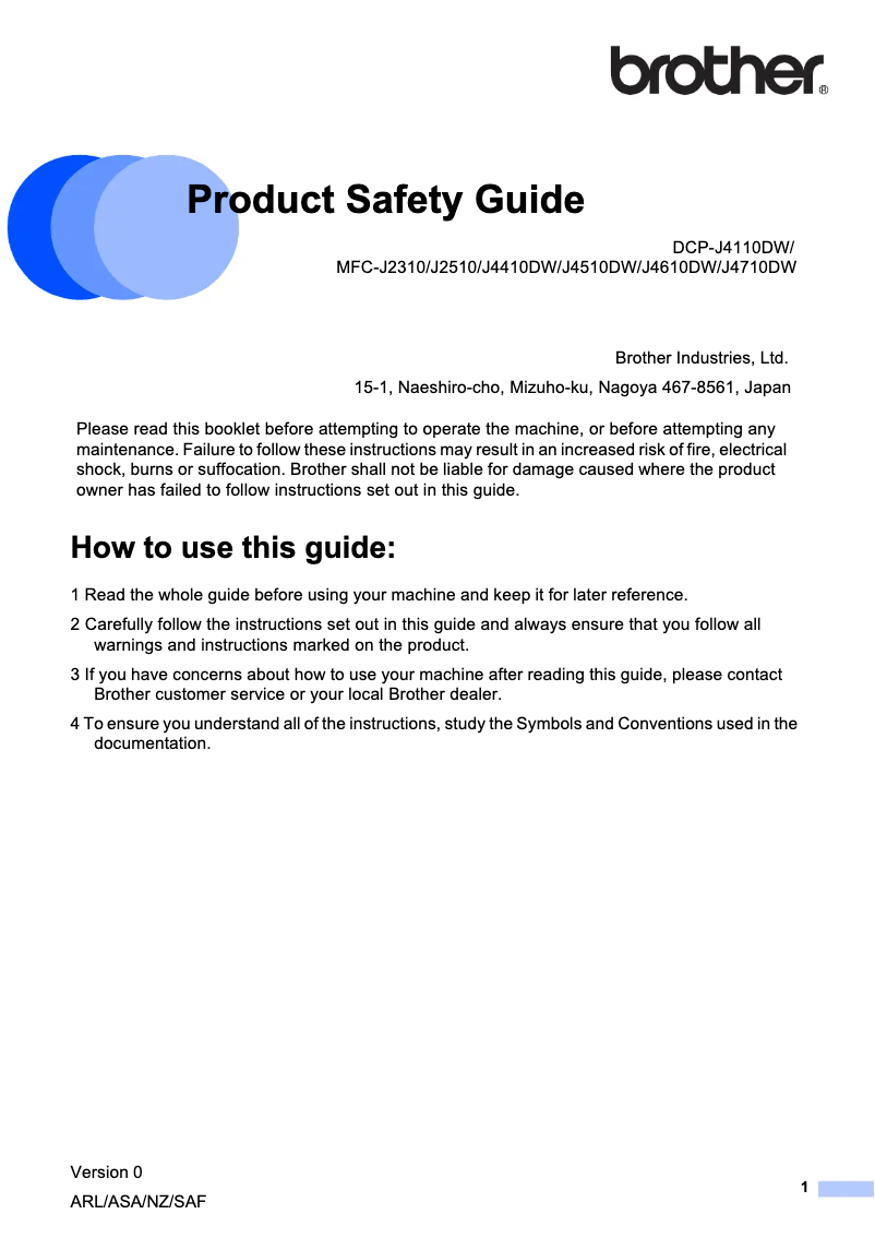 Page n°1 - Instructions de sécurité Brother DCP-J4110DW