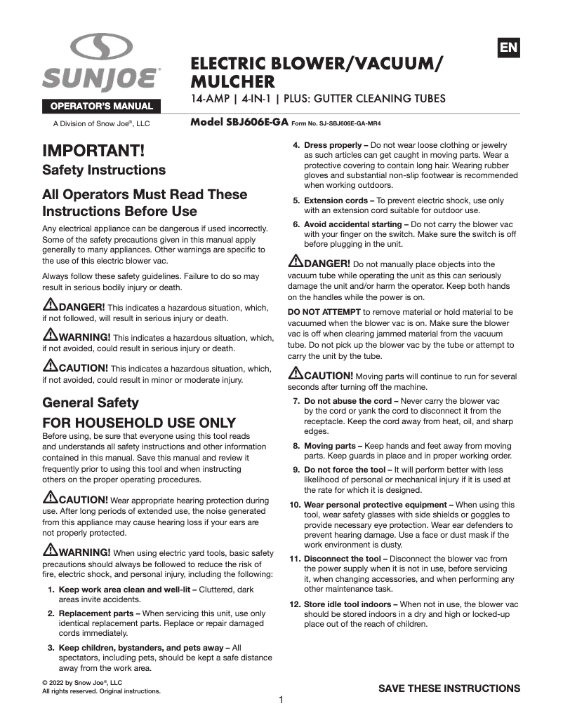 Page 1 de la notice Manuel utilisateur Sun Joe SBJ606E-GA-SJB