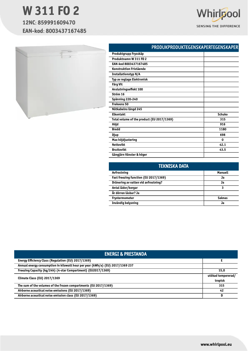 Page 1 de la notice Fiche technique Whirlpool W 311 FO 2