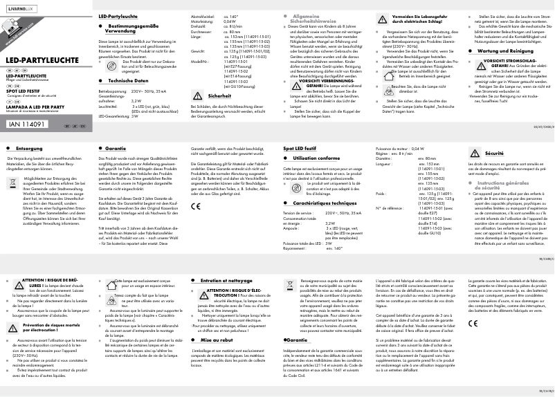 Page 1 de la notice Manuel utilisateur Livarno Lux IAN 114091