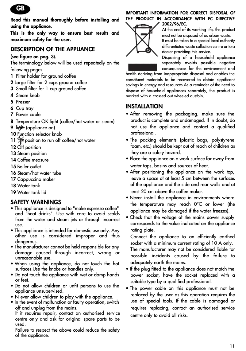 Page 1 de la notice Manuel utilisateur DeLonghi EC 145