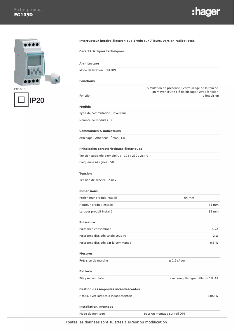 Image de la première page du manuel de l'appareil EG103D