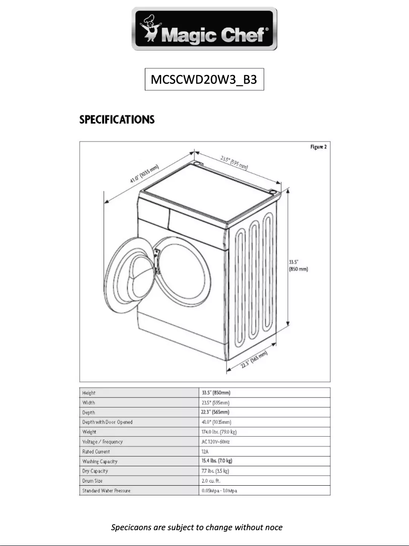 Page 1 de la notice Fiche technique Magic Chef MCSCWD20B3