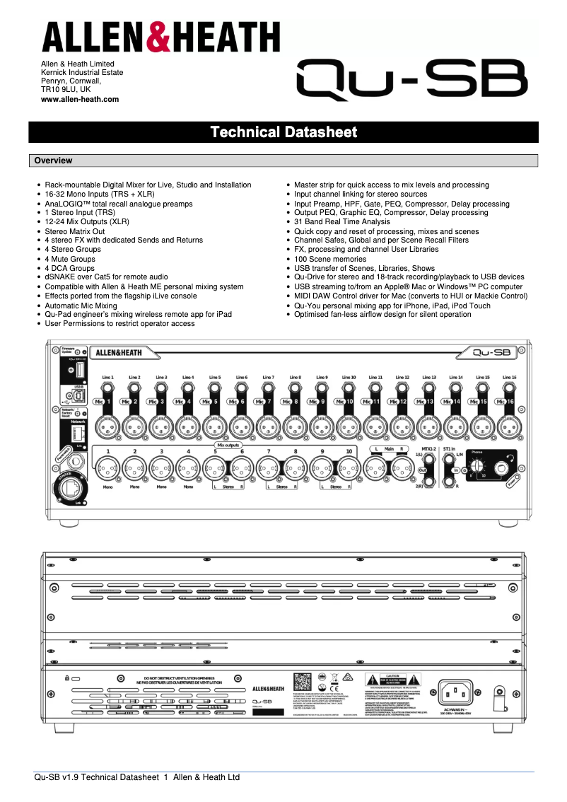 Page n°1 - Fiche technique Allen & Heath Qu-SB
