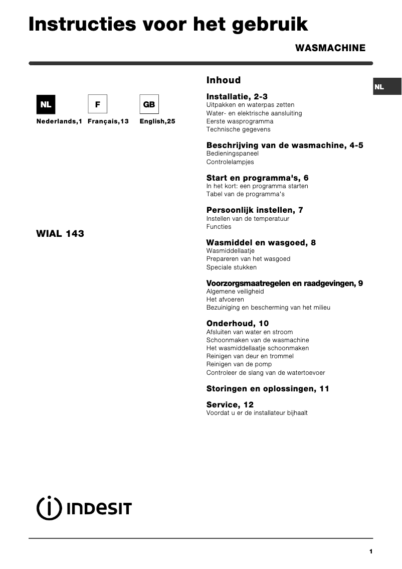 Page 1 de la notice Manuel utilisateur Indesit WIAL 143 (EU)