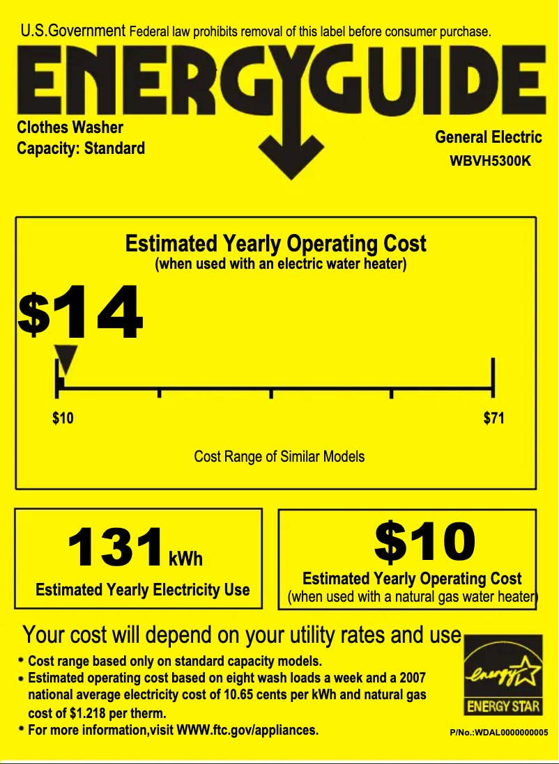 Page 1 de la notice Label énergétique GE WBVH5300KWW