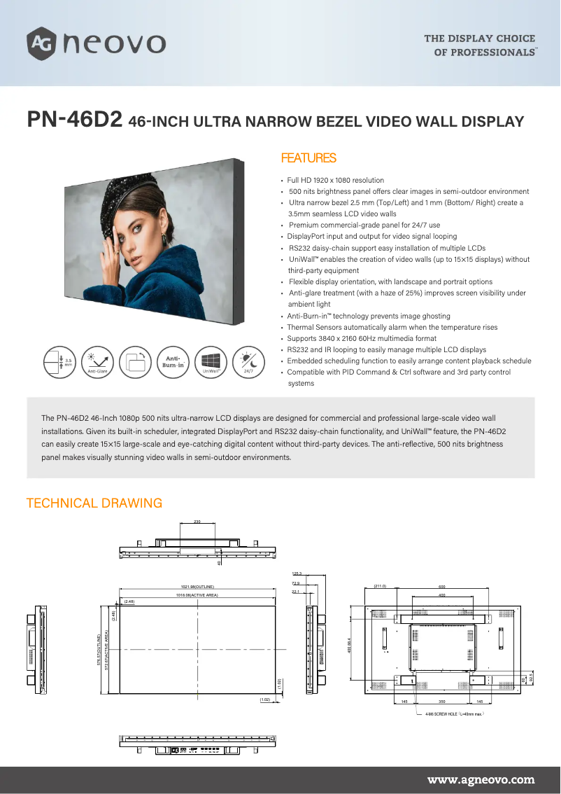 Page 1 de la notice Fiche technique AG Neovo PN-46D2