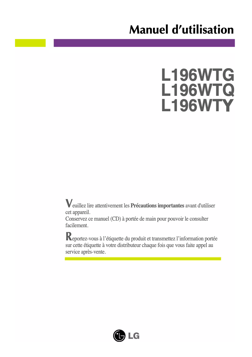 Page 1 de la notice Manuel utilisateur LG L196WTQ-SF