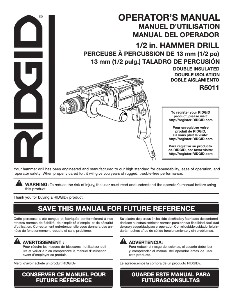 Page n°1 - Manuel utilisateur Ridgid R5011