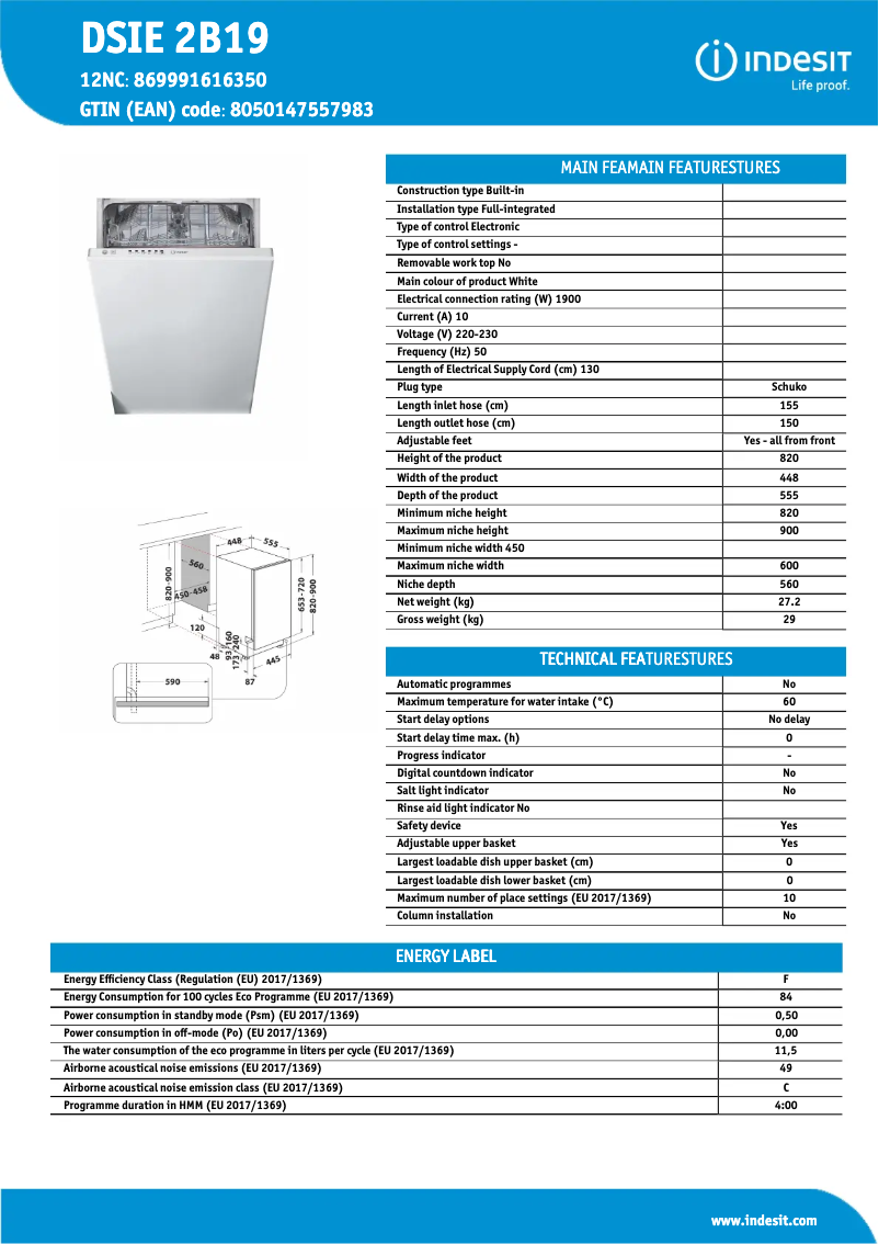 Page n°1 - Fiche technique Indesit DSIE 2B19