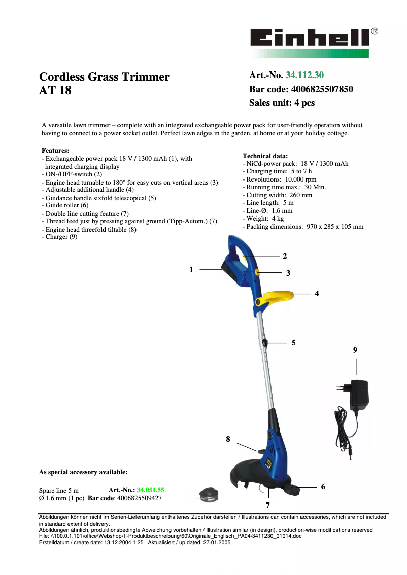Page n°1 - Fiche technique Einhell Royal AT 18