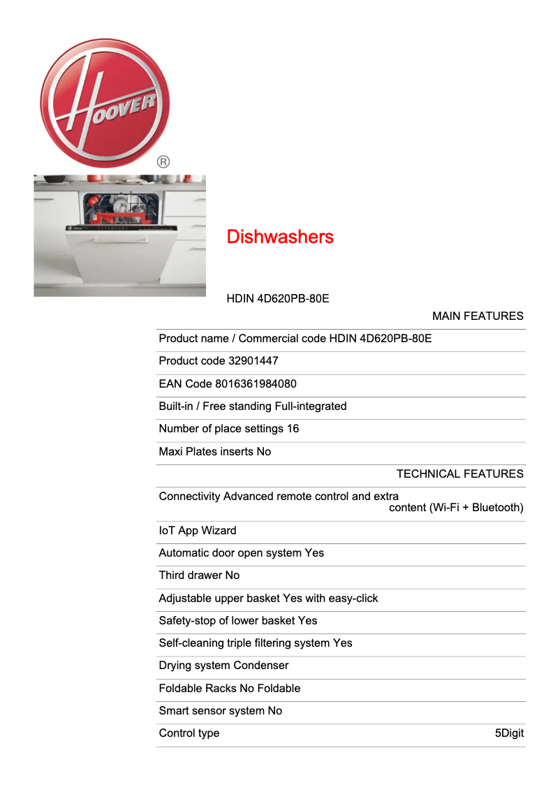 Page n°1 - Fiche technique Hoover H-DISH 500 HDIN 4D620PB-80E