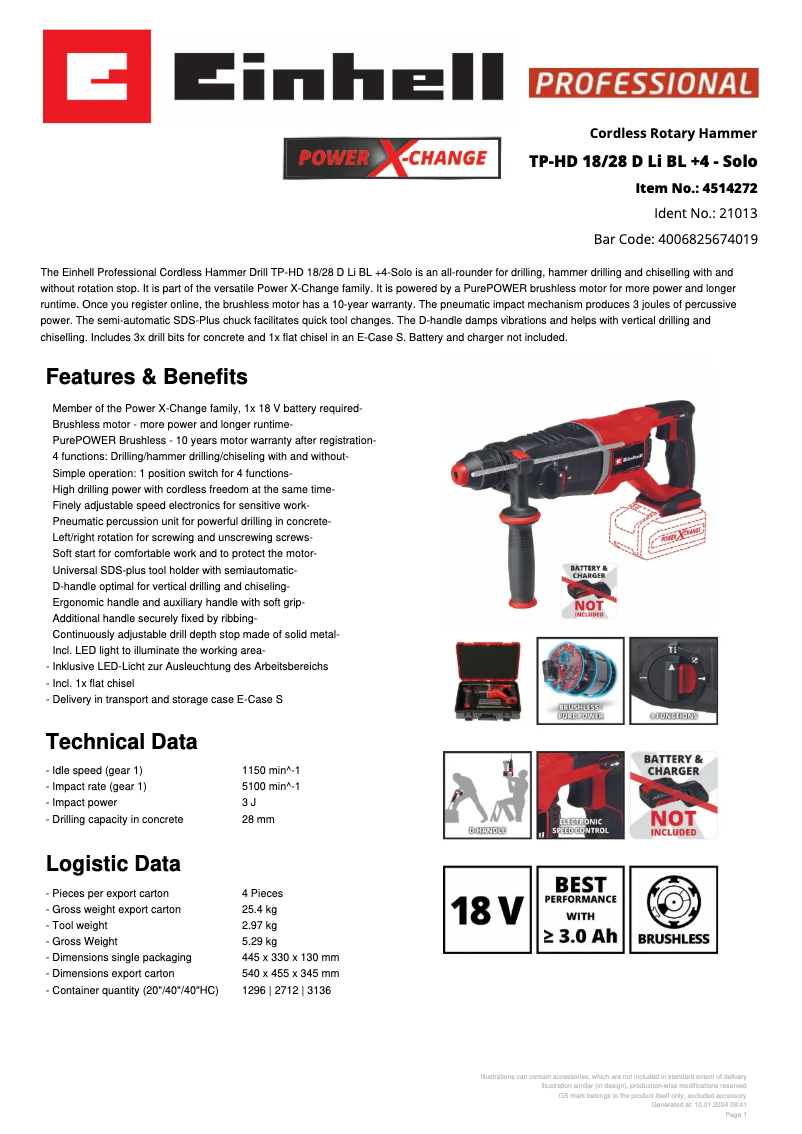 Page 1 de la notice Fiche technique Einhell TP-HD 18/28 D Li BL