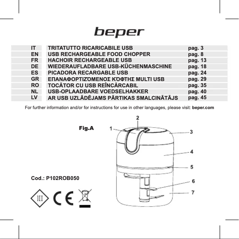 Page 1 de la notice Manuel utilisateur Beper P102ROB050