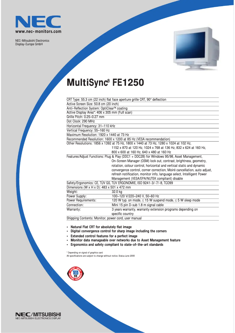 Imagen de la primera página del manual del dispositivo MultiSync FE1250
